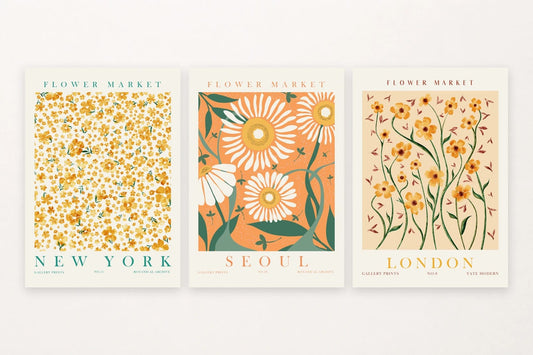 Three yellow-orange flower prints labeled New York, Seoul, and London.