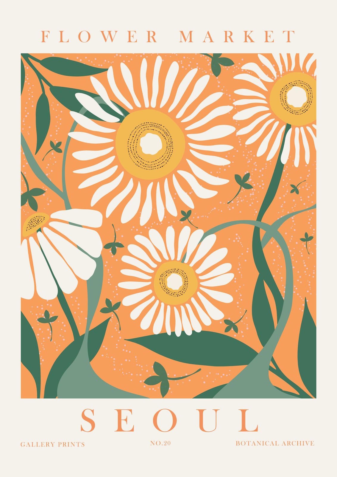White daisies on orange with SEOUL lettering.