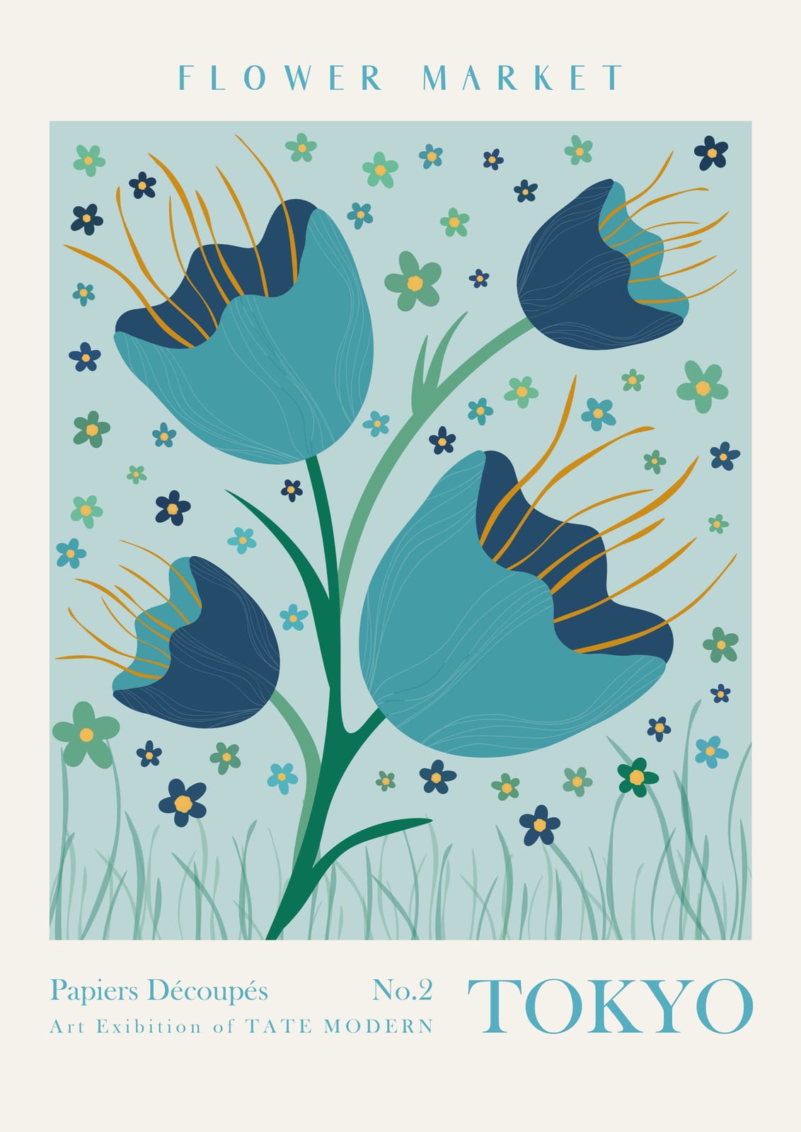 a dark blue flower with TOKYO lettering.