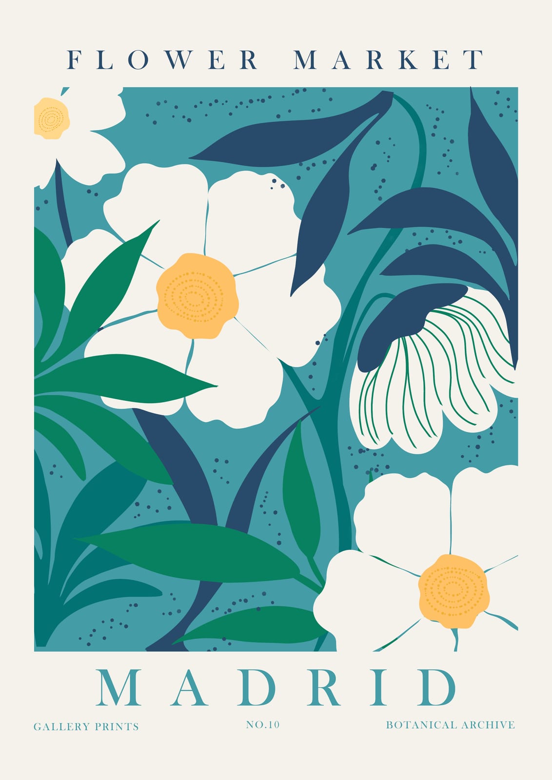 white flowers on dark turquoise with MADRID lettering.