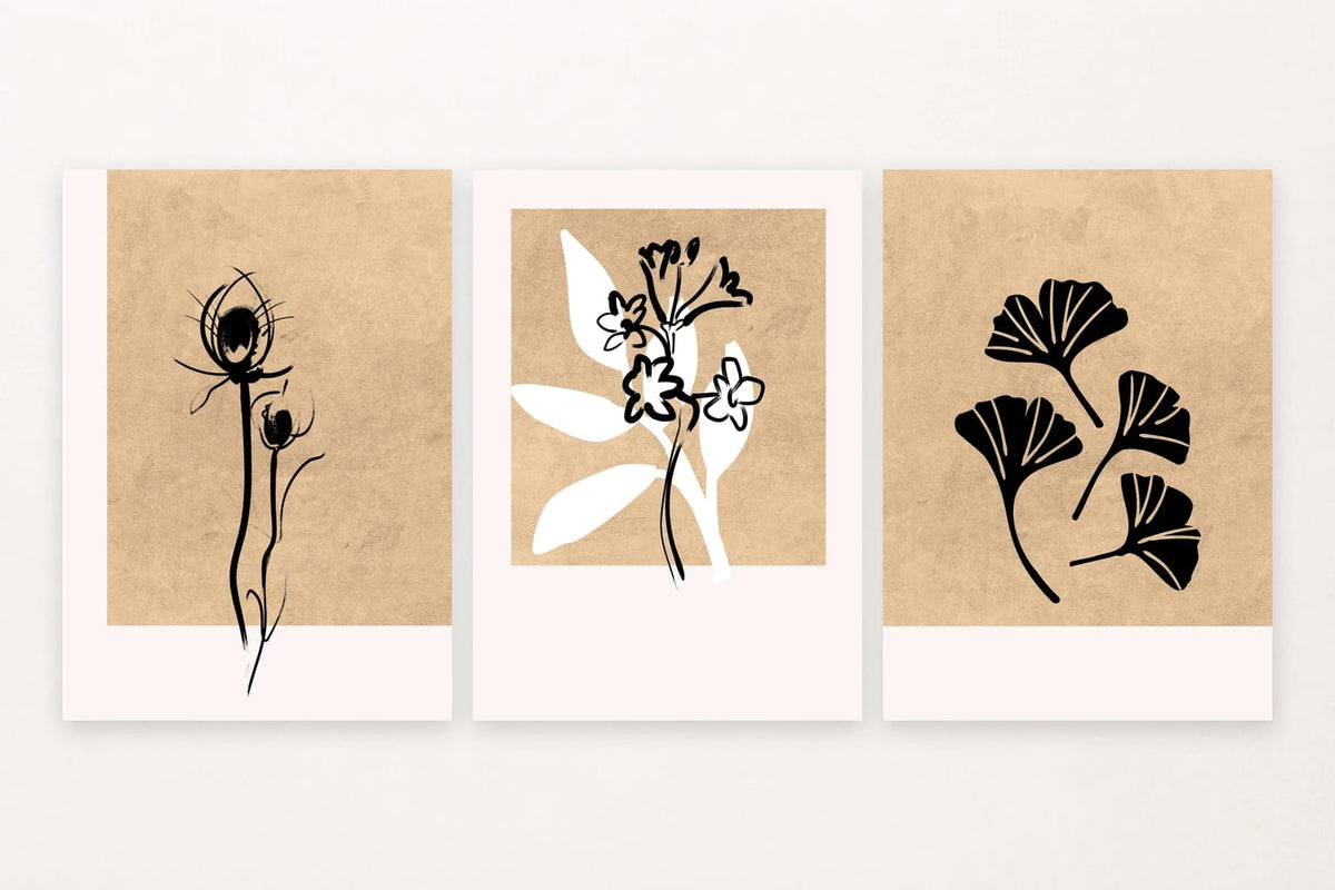 Neutral botanical print trio with a budding stem, broad leaves, and ginkgo.