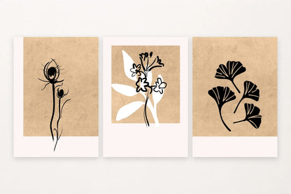 Neutral botanical print trio with a budding stem, broad leaves, and ginkgo.