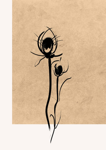 a tall stem with two buds on sand.