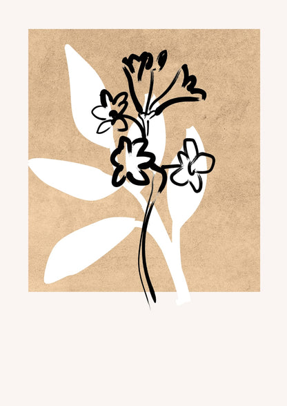 a flower stem over broad white leaves.