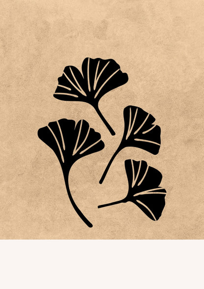black fan-shaped ginkgo leaves with sand-colored veins.