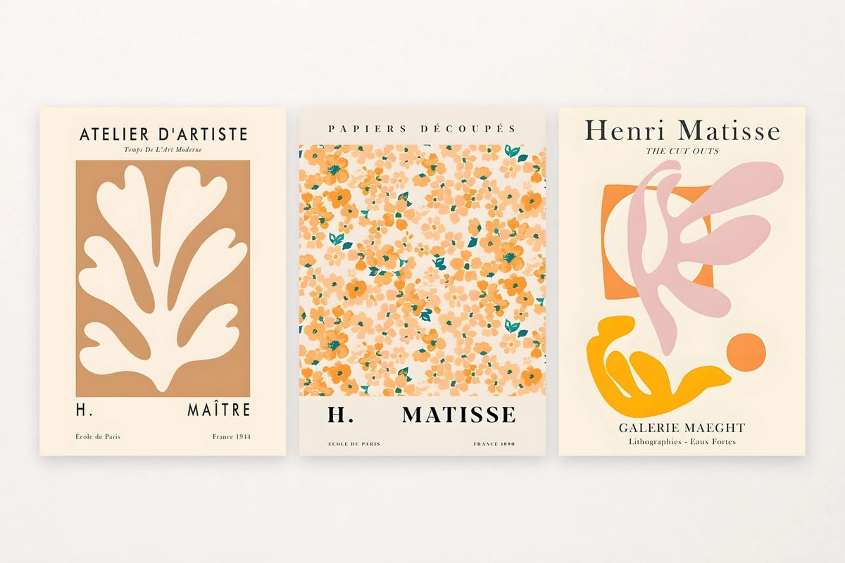 Three botanical prints with leaf and flower forms and visible French lettering.