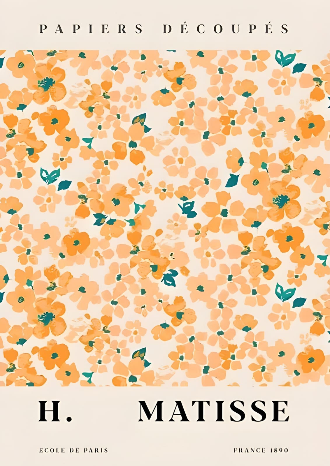 peach-orange flowers and green leaves with PAPIERS DÉCOUPÉS.