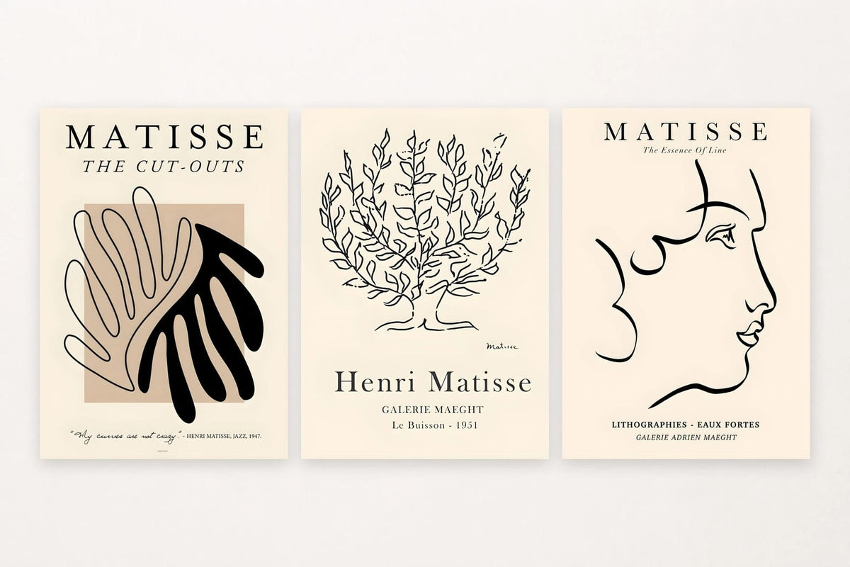 Three neutral prints with two leaf forms, a line tree, and a woman’s profile.