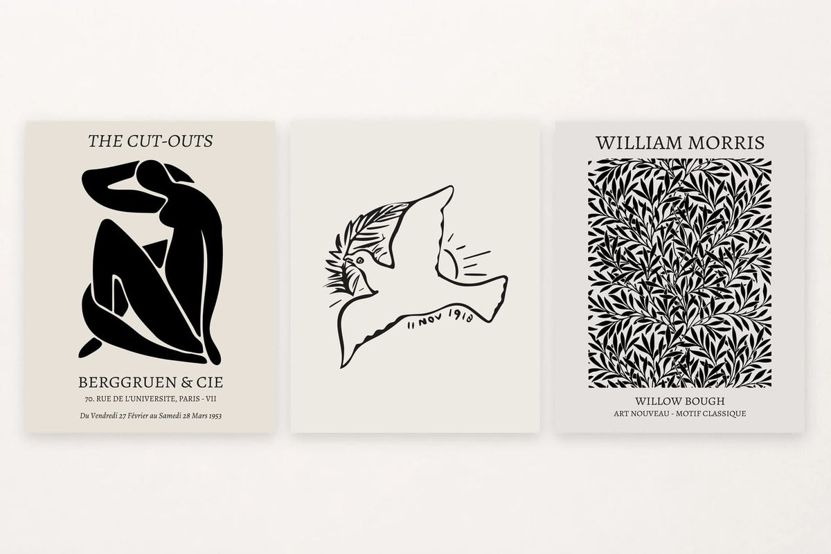 Seated silhouette, flying-bird outline, and patterned willow leaves.