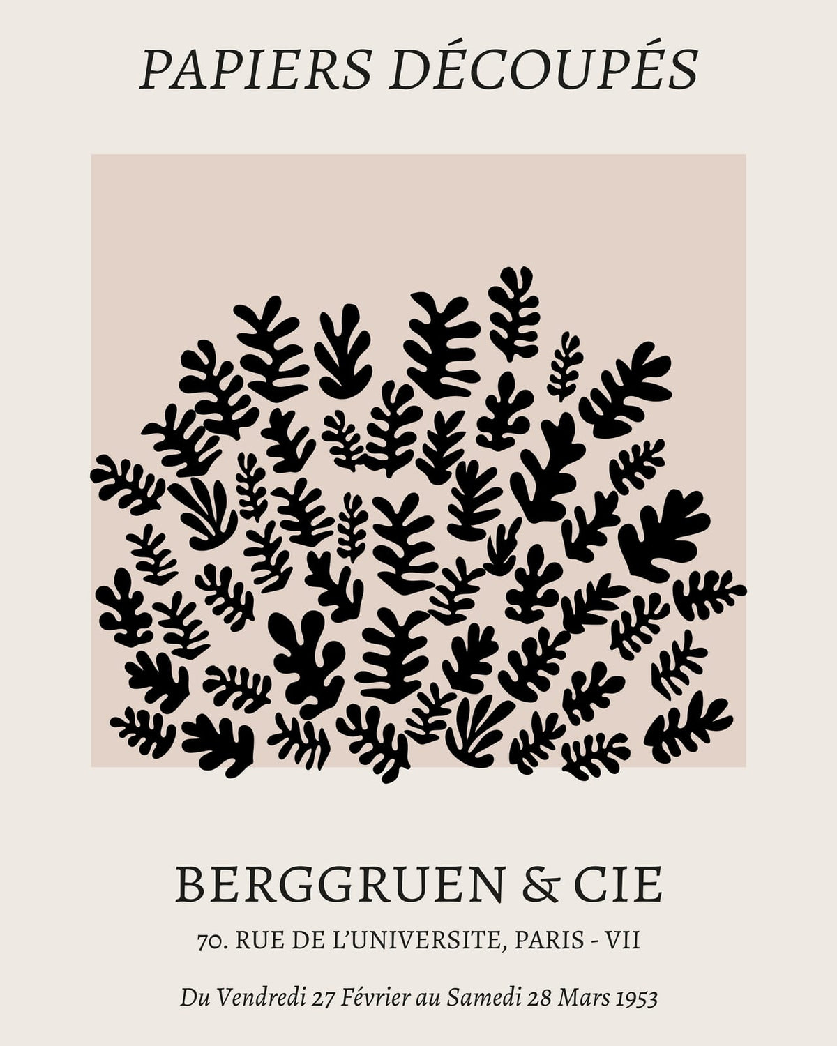 A cluster of leaf motifs with PAPIERS DÉCOUPÉS text.