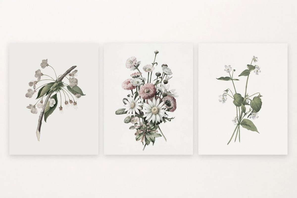 Flowering branch, pink and white bouquet, and lilac stems.