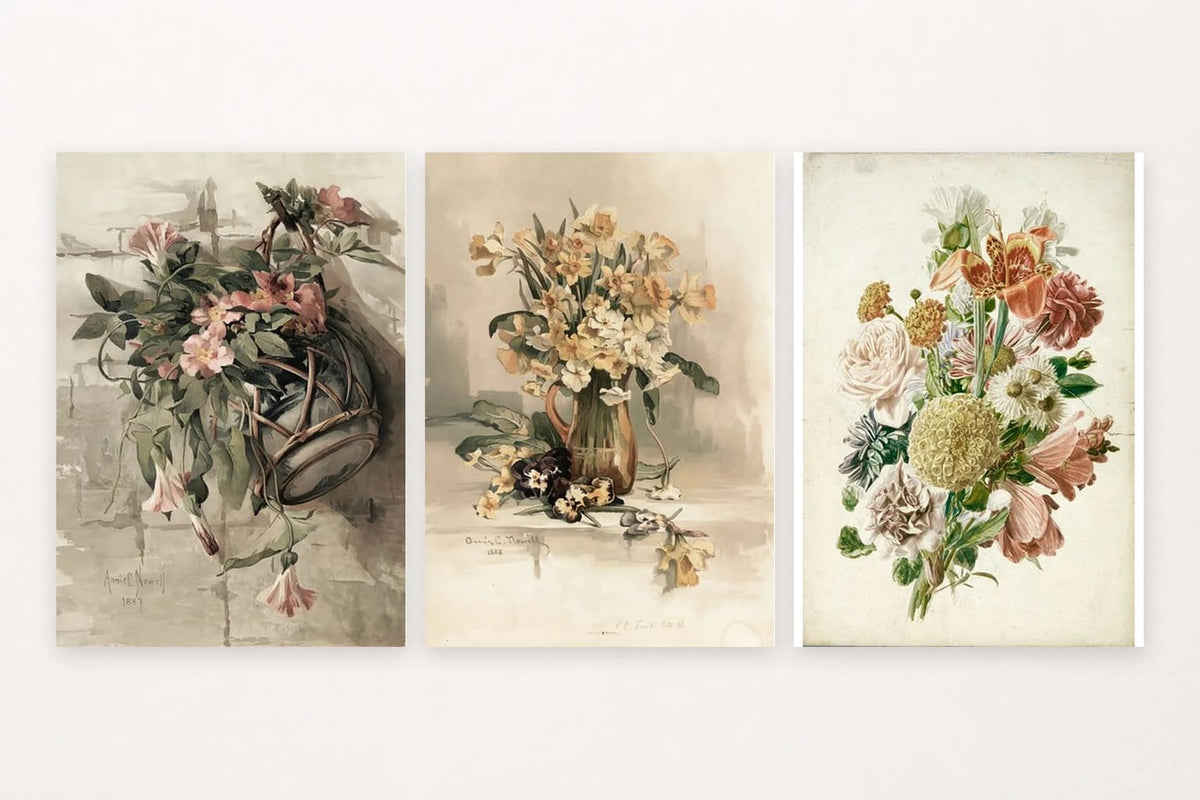 Three floral prints with flowering branches, a pitcher bouquet, and botanical blooms.