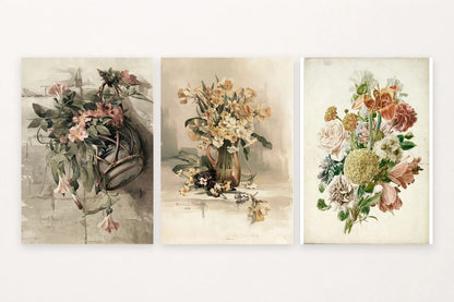 Three floral prints with flowering branches, a pitcher bouquet, and botanical blooms.