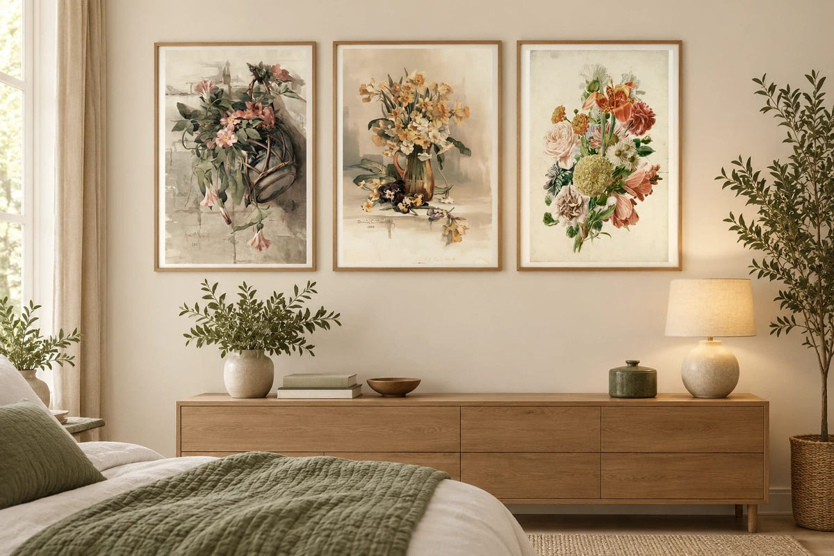 Floral prints displayed above a bedroom dresser with green textiles.