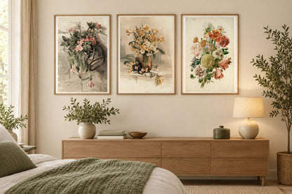 Floral prints displayed above a bedroom dresser with green textiles.