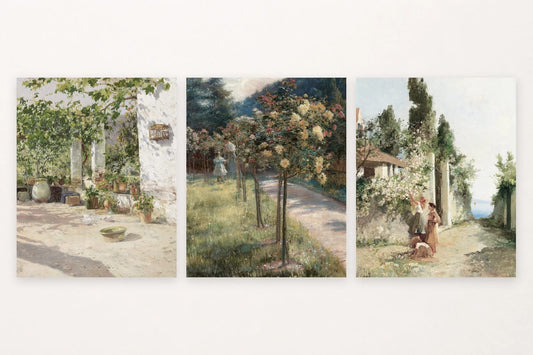 White courtyard, flowering path with figures, and cypress avenue.