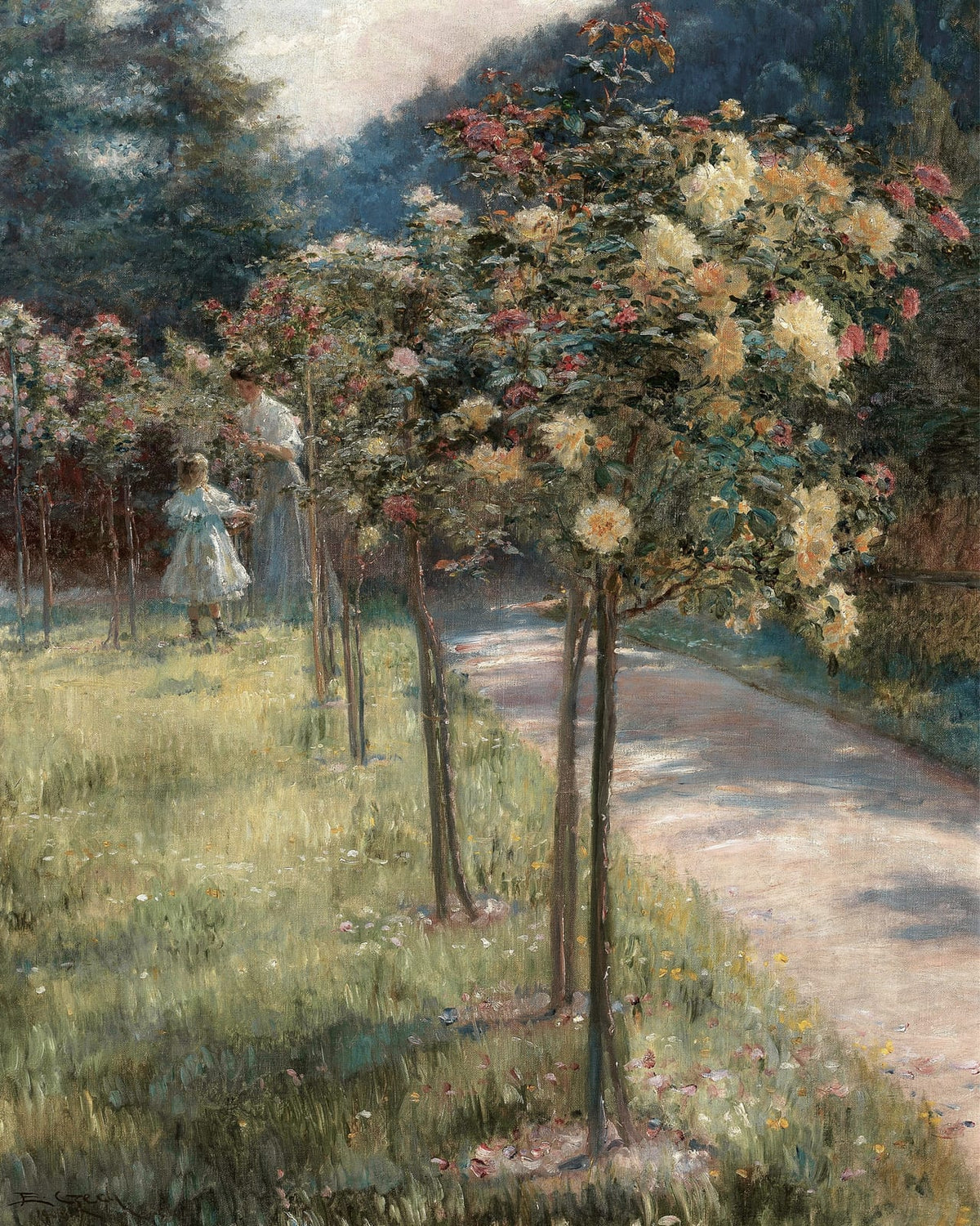 A flowering garden path with figures.