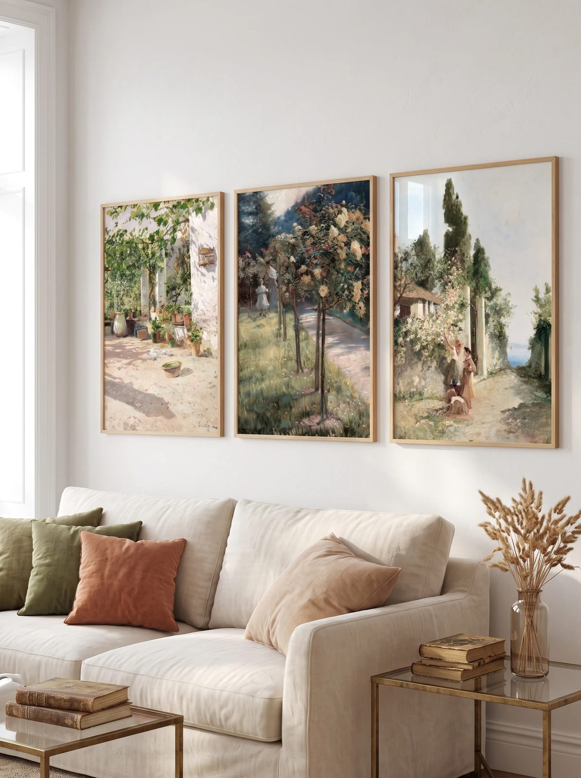 Garden prints above a cream sofa with olive and terracotta cushions.