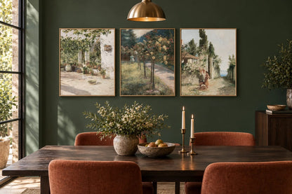 A flowering garden print set on a dark green dining room wall.