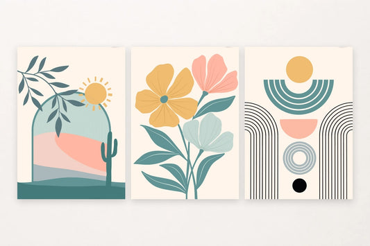 Desert arch, large flowers, and turquoise geometric shapes.