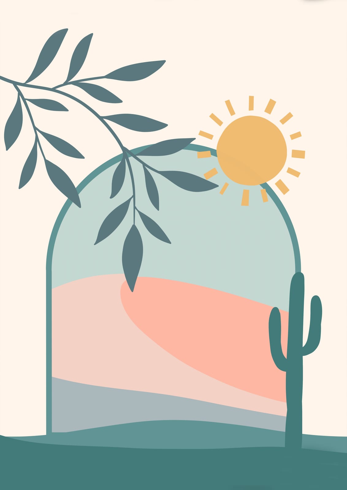 A desert arch, sun, branch, and cactus.