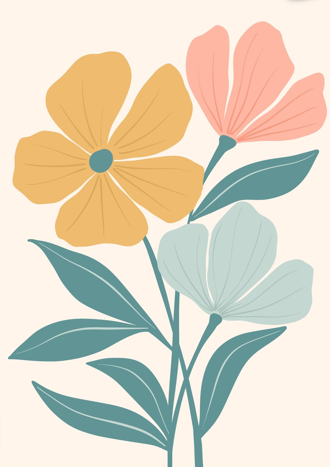 Three large flowers with turquoise-toned leaves.