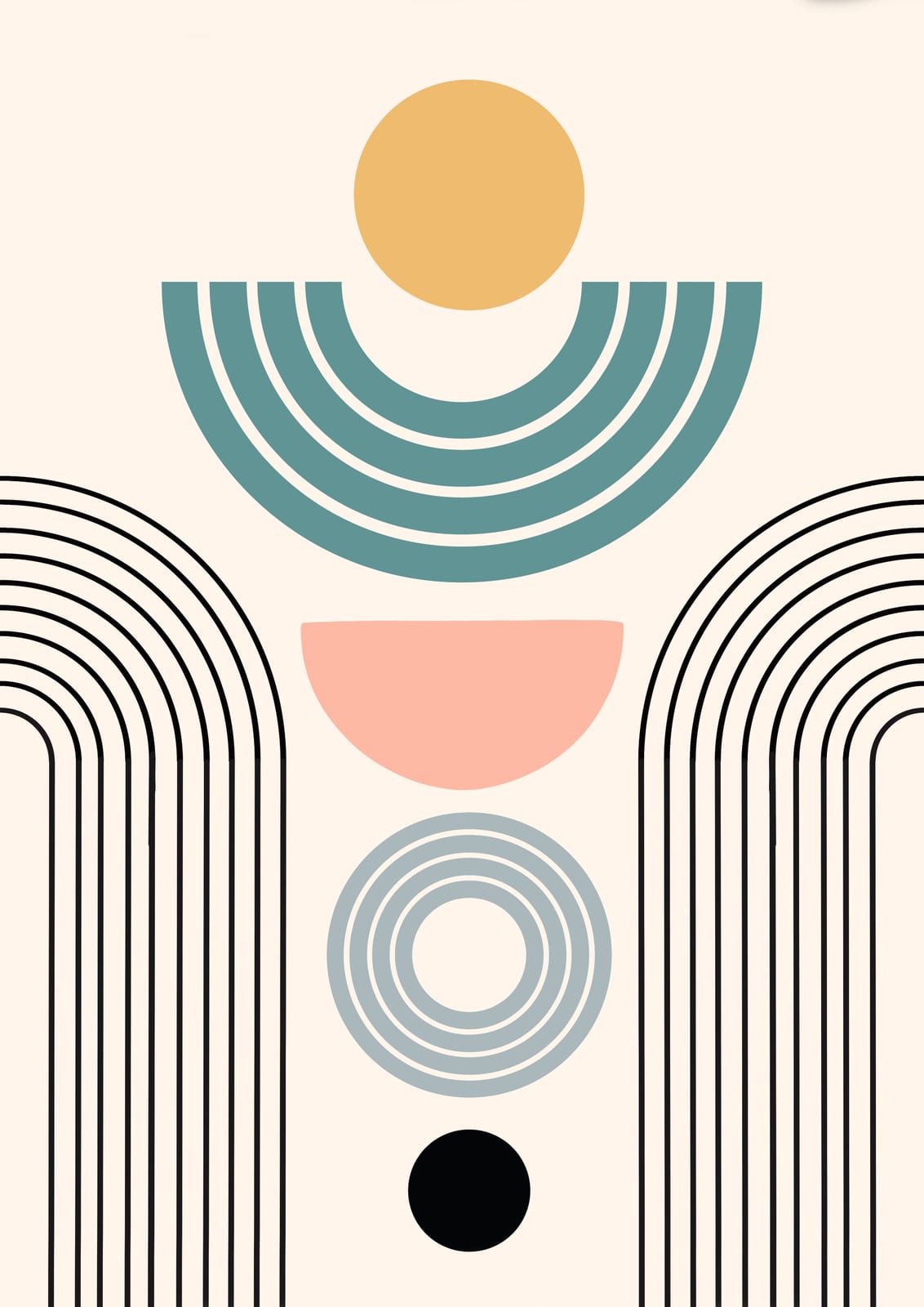 Turquoise arches and curves with a mustard circle.