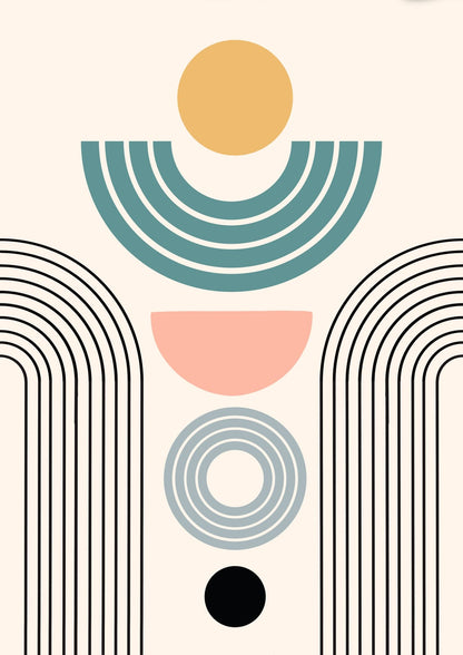 Turquoise arches and curves with a mustard circle.