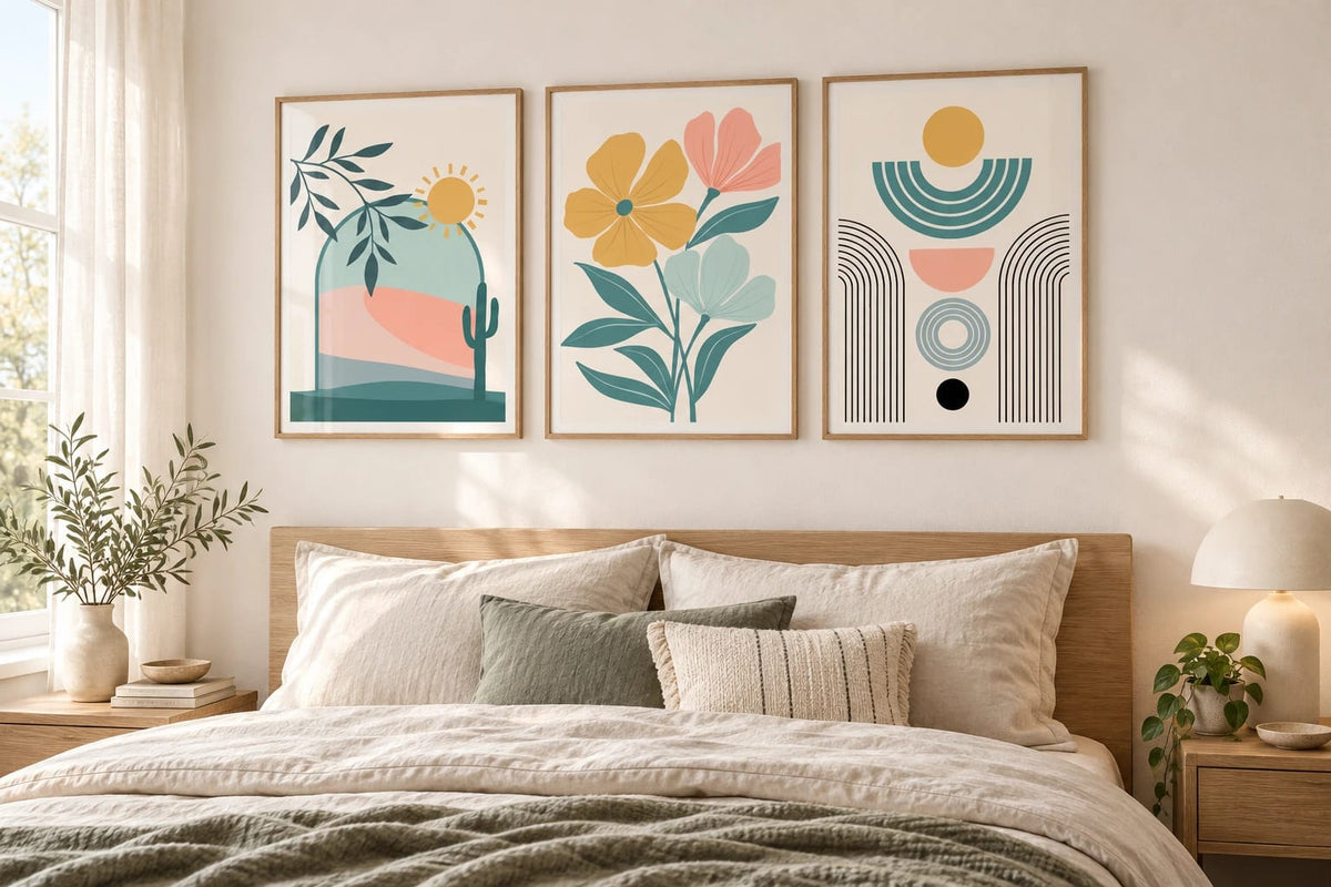Three colorful prints above a bed with a wooden headboard.