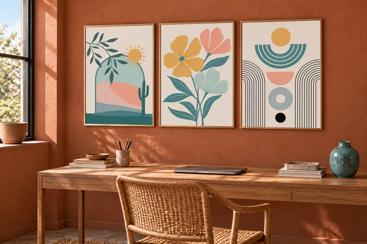 Desert and flower prints grouped above a wood table.