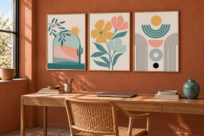 Desert and flower prints grouped above a wood table.