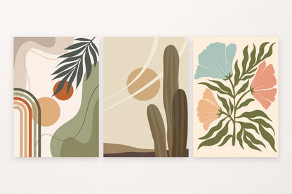 Dark foliage with arches, cactus among curves, and colorful flowers.