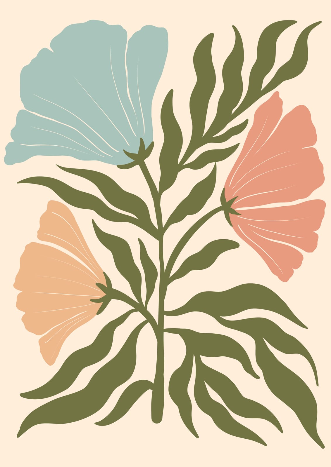 Flowers in mint, coral, and ochre.