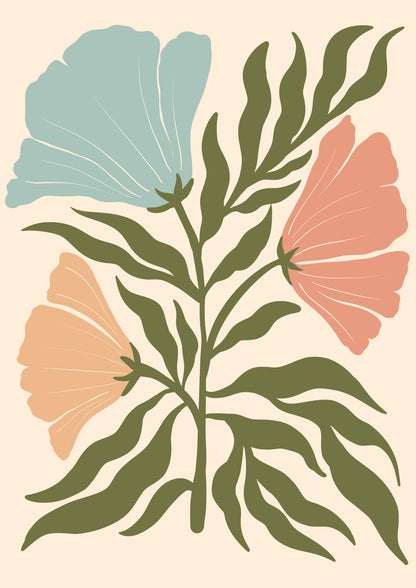 Flowers in mint, coral, and ochre.
