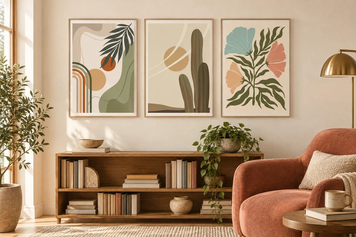 Three botanical prints above a wood bookcase.