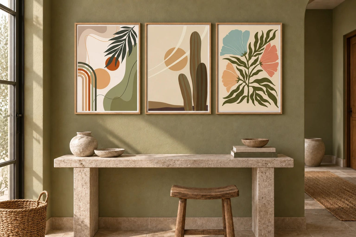 Leaves, cactus, and flower prints on an olive wall.
