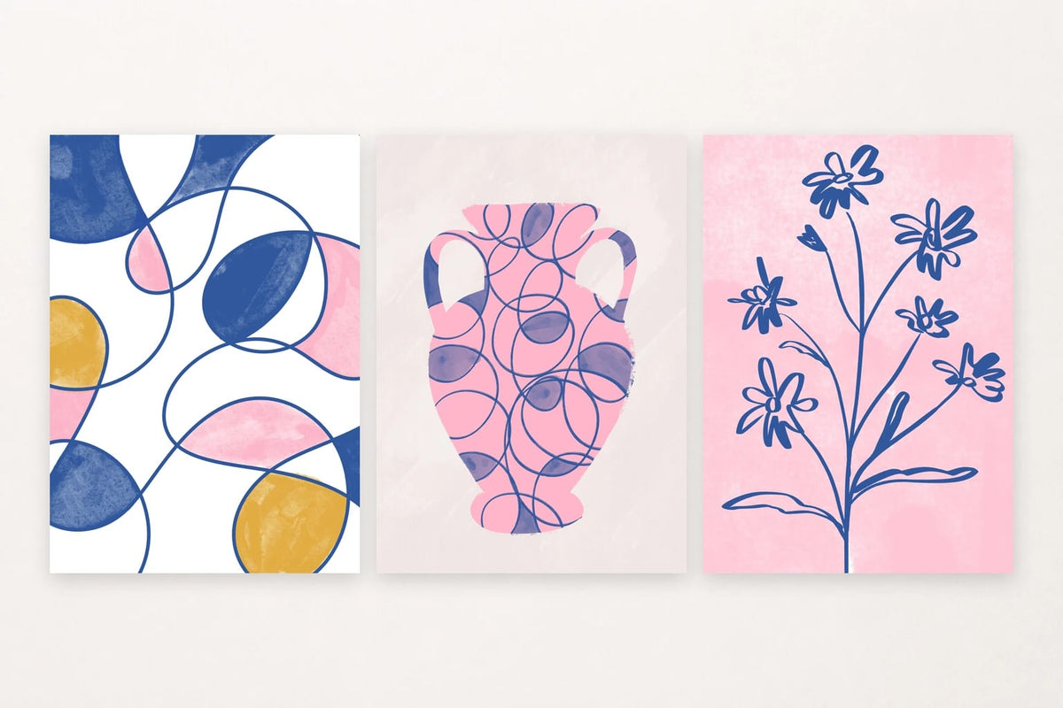 Looping forms, pink vessel with blue lines, and blue outline flowers.