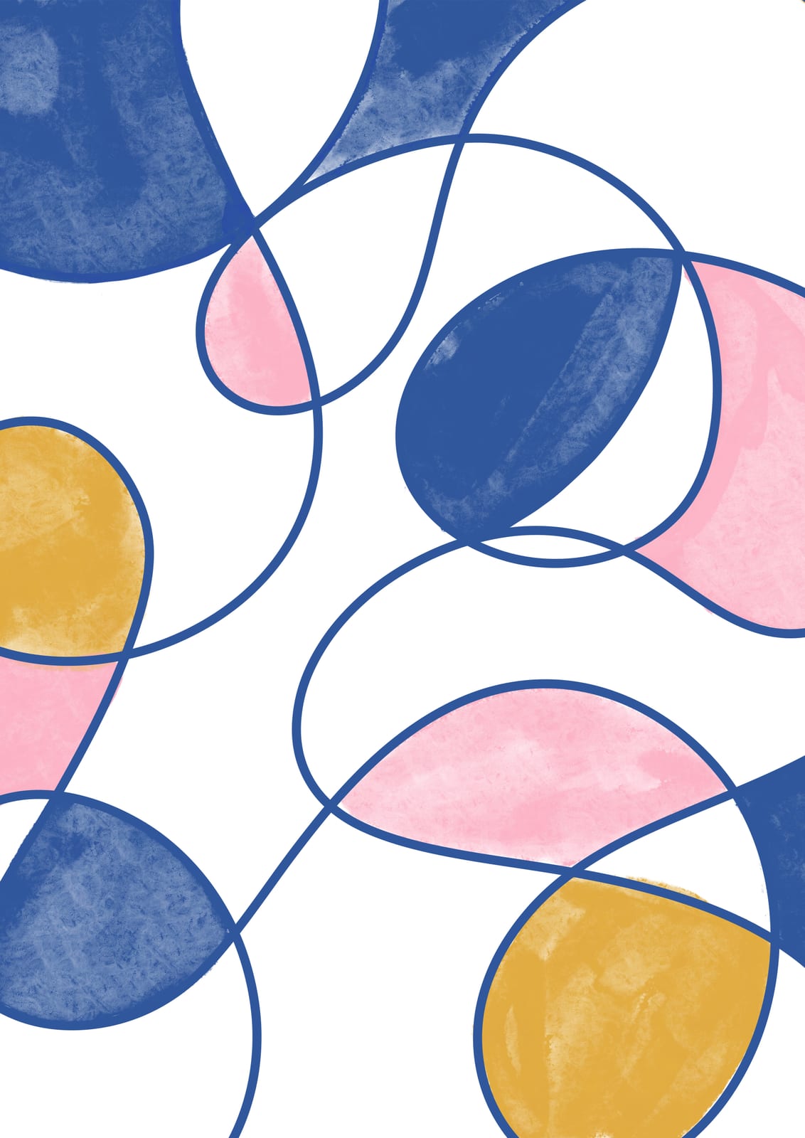 Rounded blue, pink, and ochre forms crossed by loops.