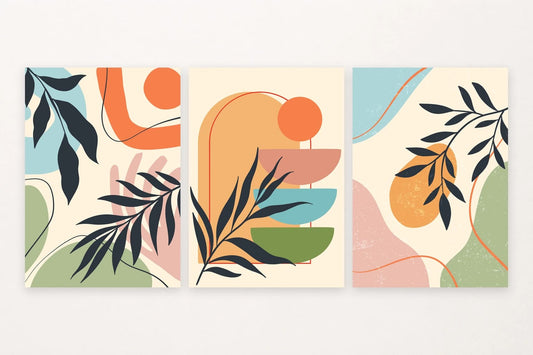 Three botanical prints with dark branches across pastel coral, teal, olive, and ochre shapes.