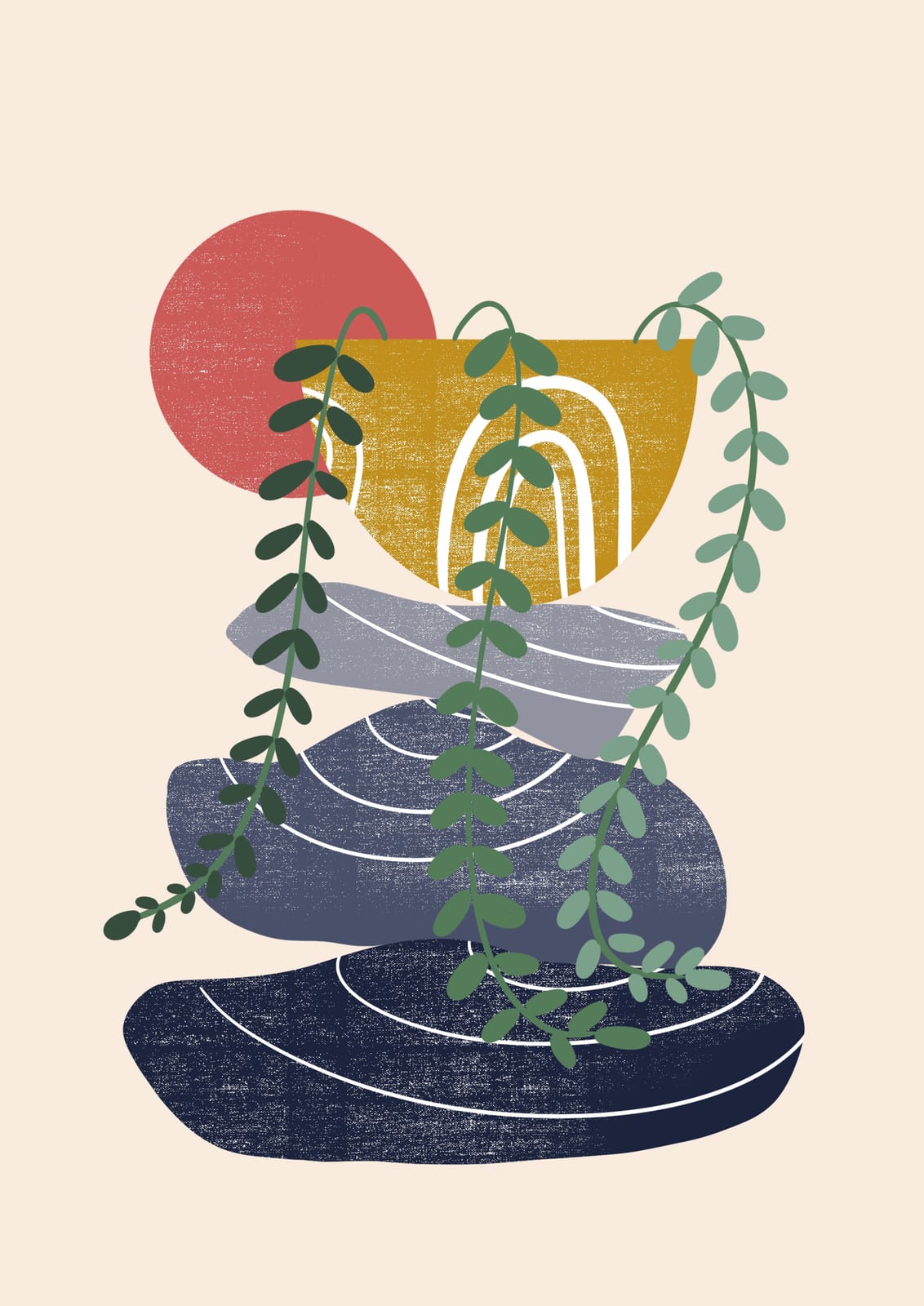 Blue gray stone-like forms and shoots sit beneath a red sun.