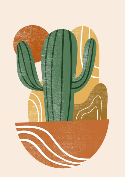 A green cactus stands among ochre and rust shapes.