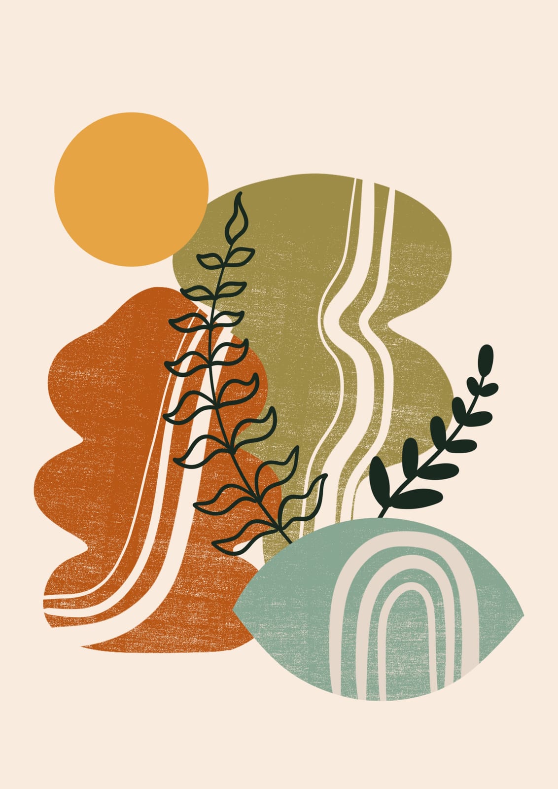 Fine stems cross sage and rust shapes beneath a sun.