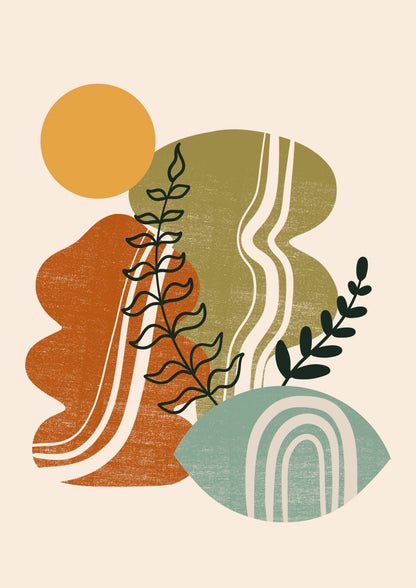 Fine stems cross sage and rust shapes beneath a sun.