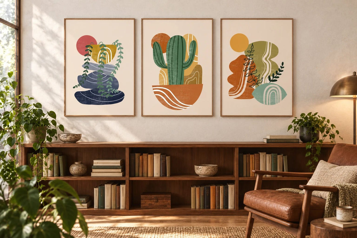 Three botanical prints hang above a wood bookcase in a light living room.