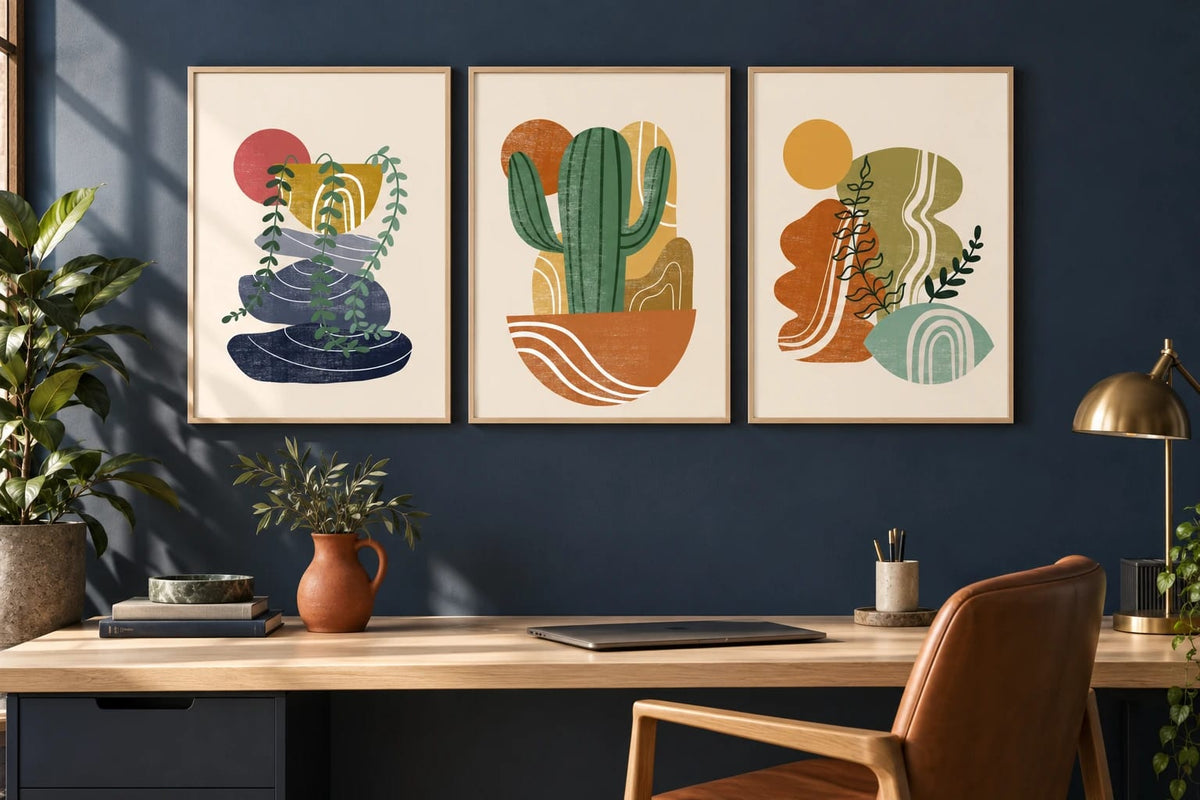 Three botanical prints hang above a desk against a deep blue wall.