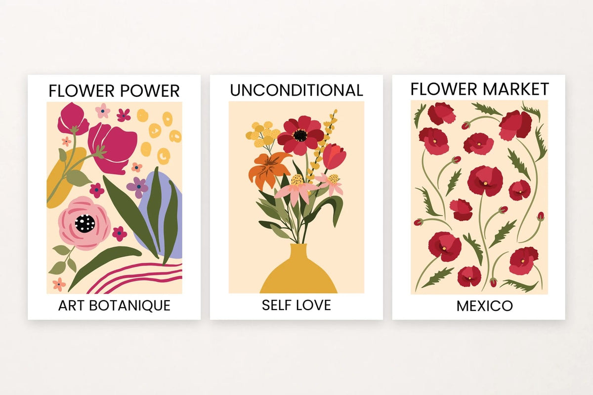 Three floral prints with decorative words, an ochre vase bouquet, and red poppies.