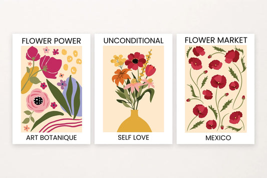 Three floral prints with decorative words, an ochre vase bouquet, and red poppies.