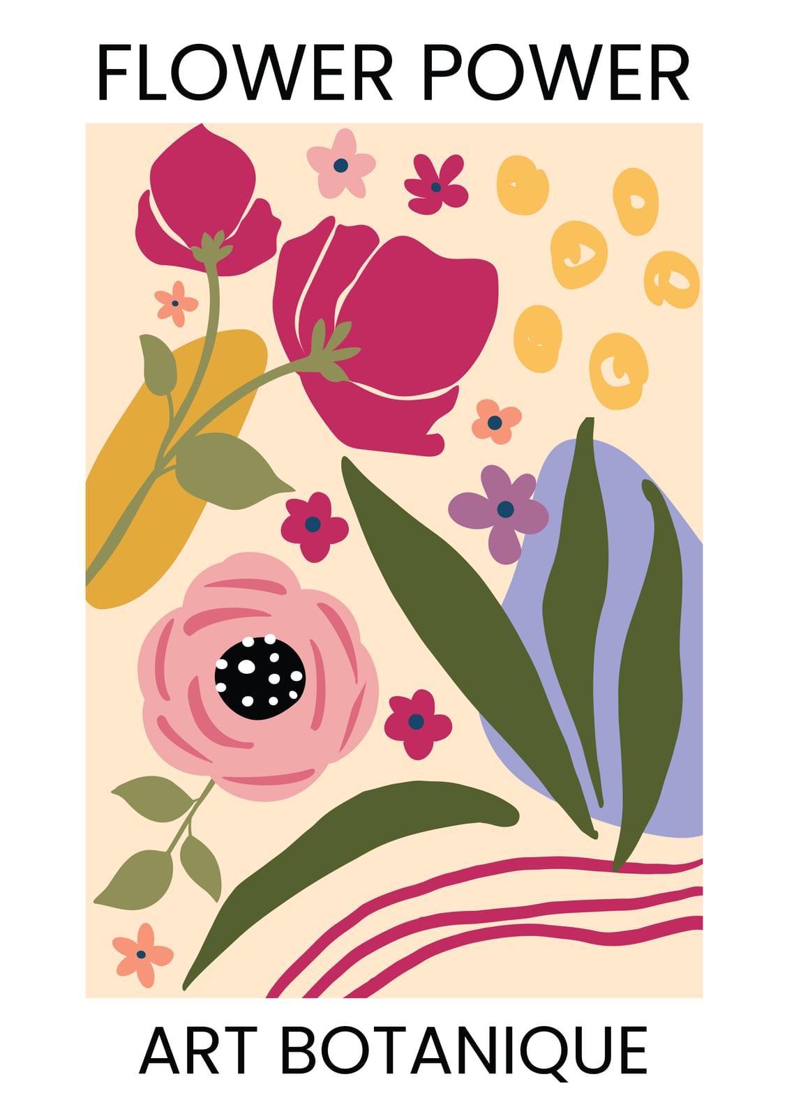 Floral graphics with the words FLOWER POWER and ART BOTANIQUE.