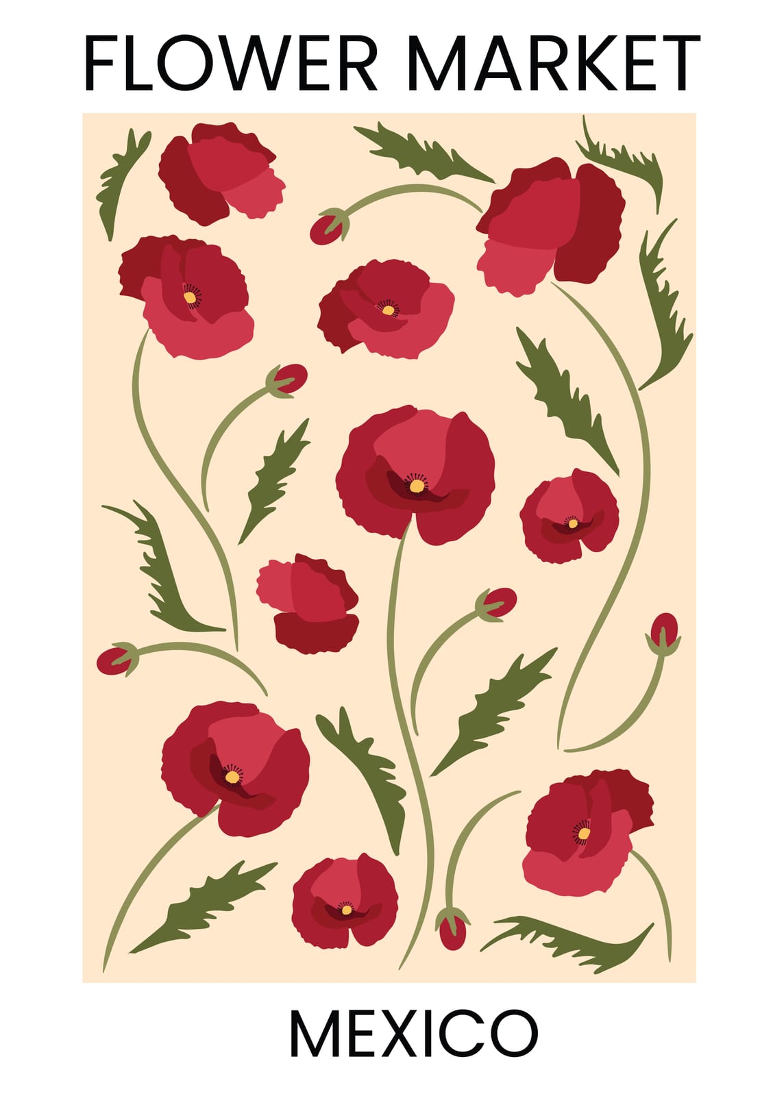 Red poppies appear with FLOWER MARKET and MEXICO lettering.