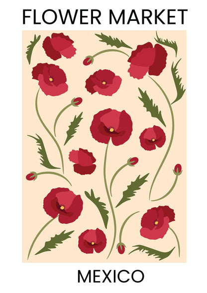 Red poppies appear with FLOWER MARKET and MEXICO lettering.
